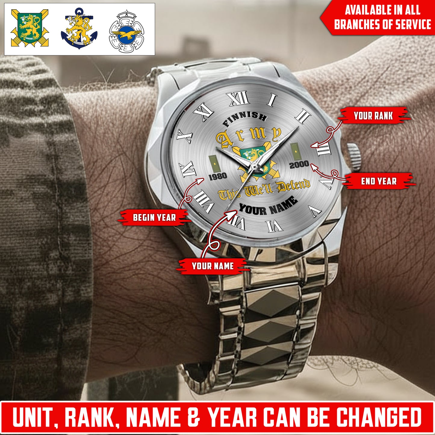 Personalized Finland Soldier/Veteran with Name, Year and Rank Diamond-Cut Bezel Watch - 17623008