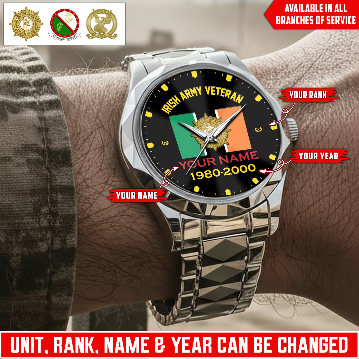 Personalized Ireland Soldier/Veteran with Name, Year and Rank Diamond-Cut Bezel Watch - 17622144