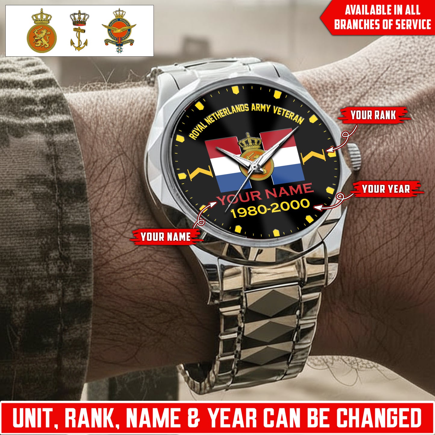 Personalized Netherlands Soldier/Veteran with Name, Year and Rank Diamond-Cut Bezel Watch - 17622144