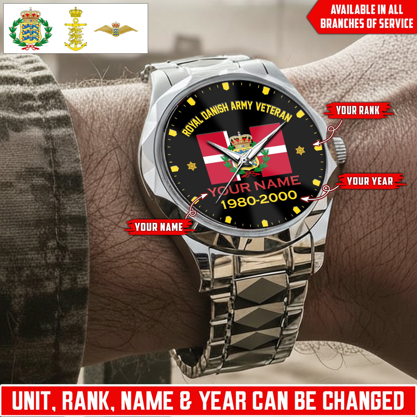 Personalized Denmark Soldier/Veteran with Name, Year and Rank Diamond-Cut Bezel Watch - 17622144