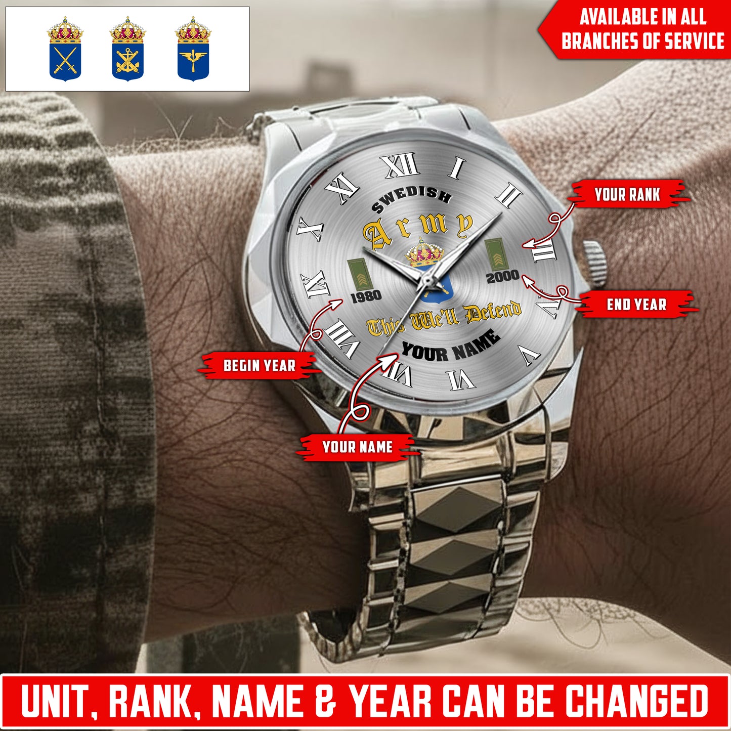 Personalized Sweden Soldier/Veteran with Name, Year and Rank Diamond-Cut Bezel Watch - 17623008