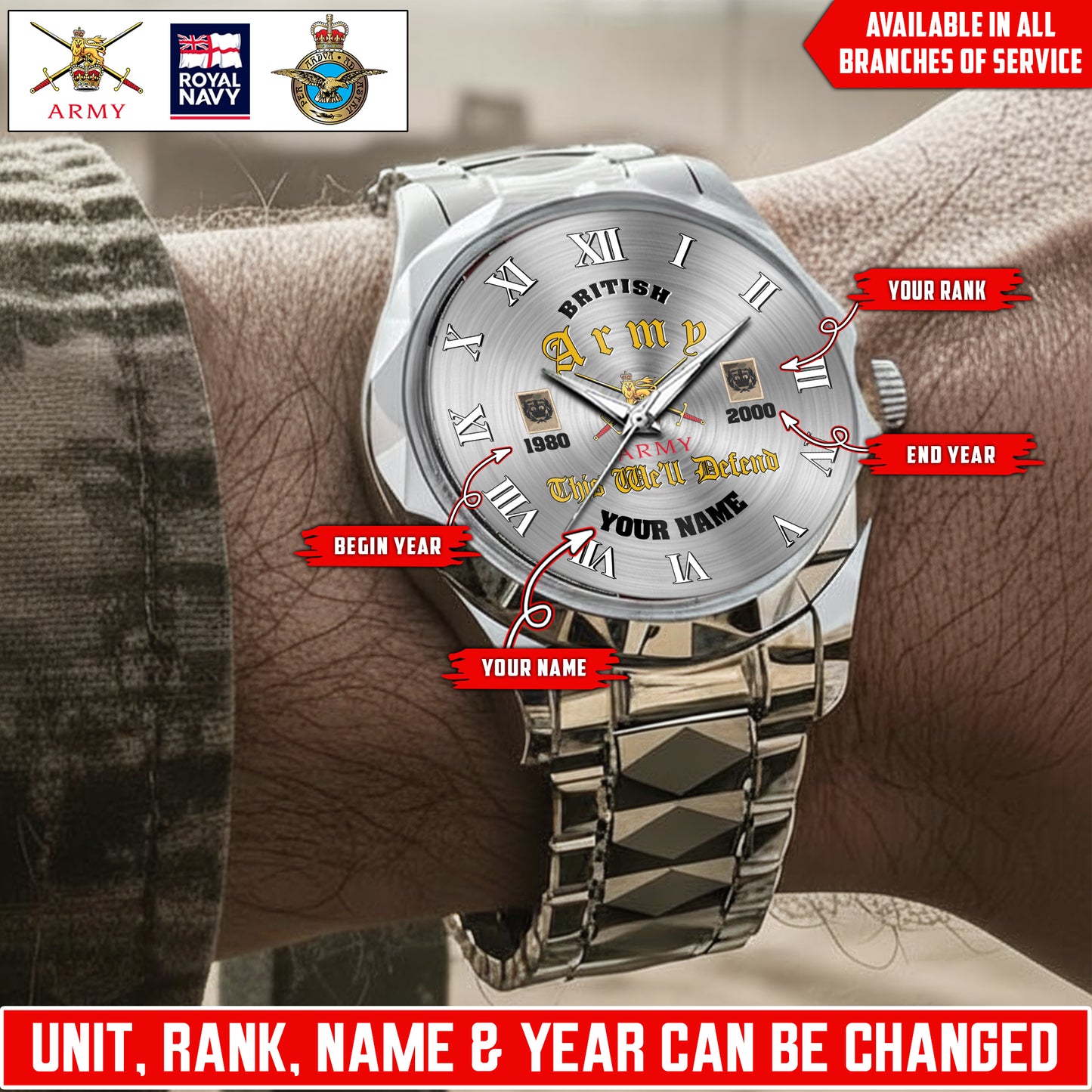 Personalized UK Soldier/Veteran with Name, Year and Rank Diamond-Cut Bezel Watch - 17623008