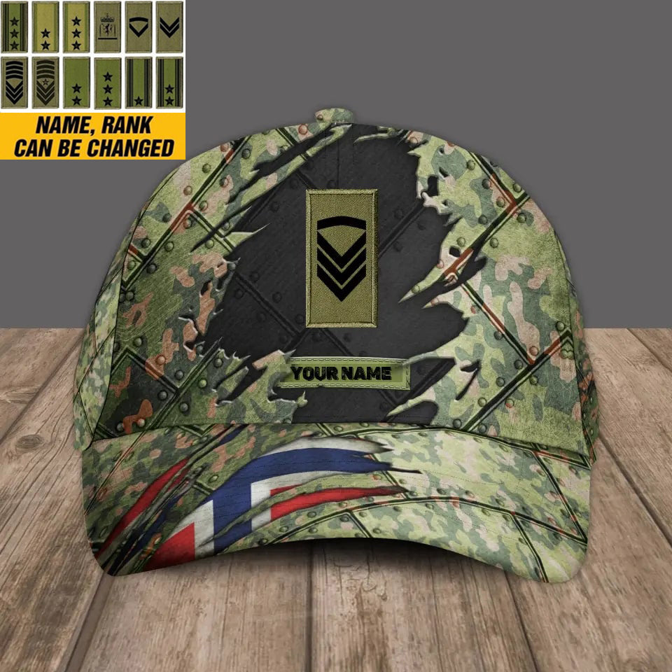 Personalized Name And Rank Norway Camo Baseball Cap Soldier/Veteran - 1684368002
