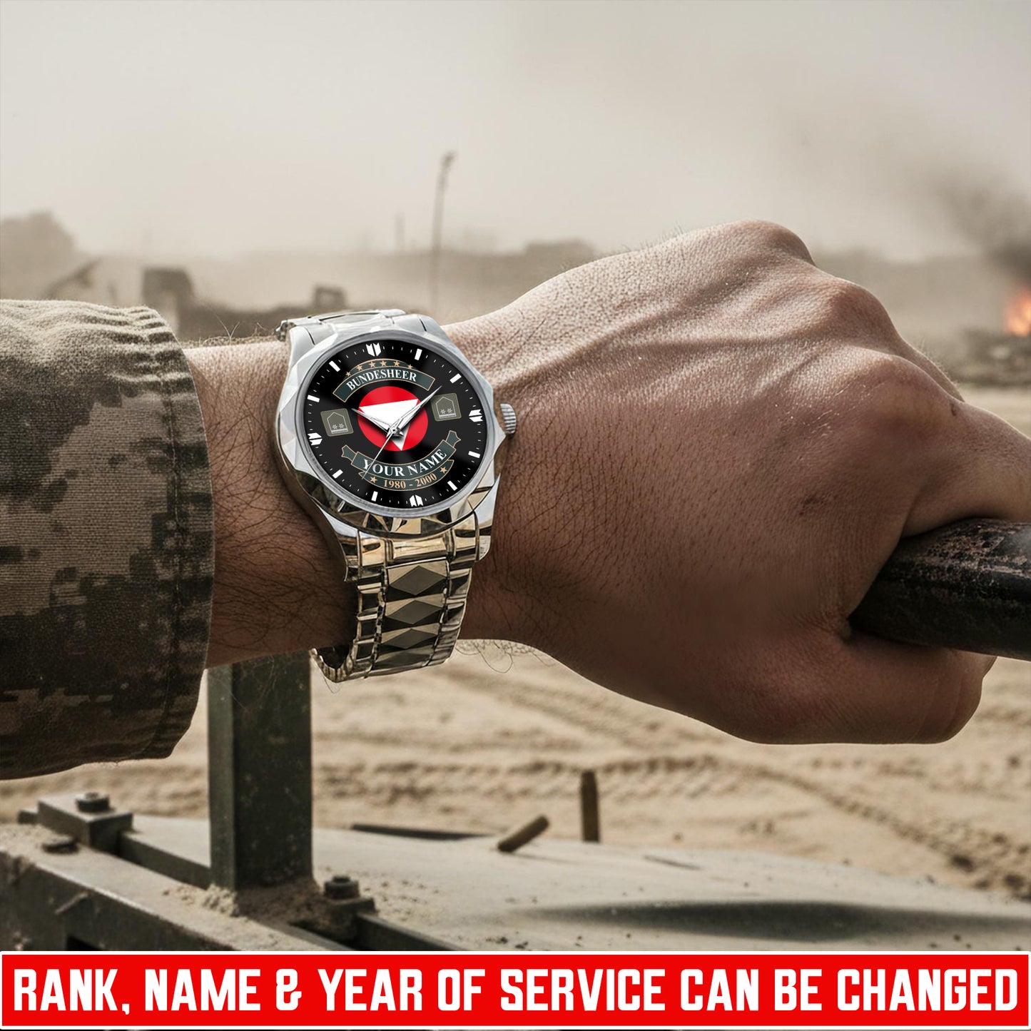 Personalized Austria Soldier/Veteran with Name and Rank Diamond-Cut Bezel Watch - 1761350401