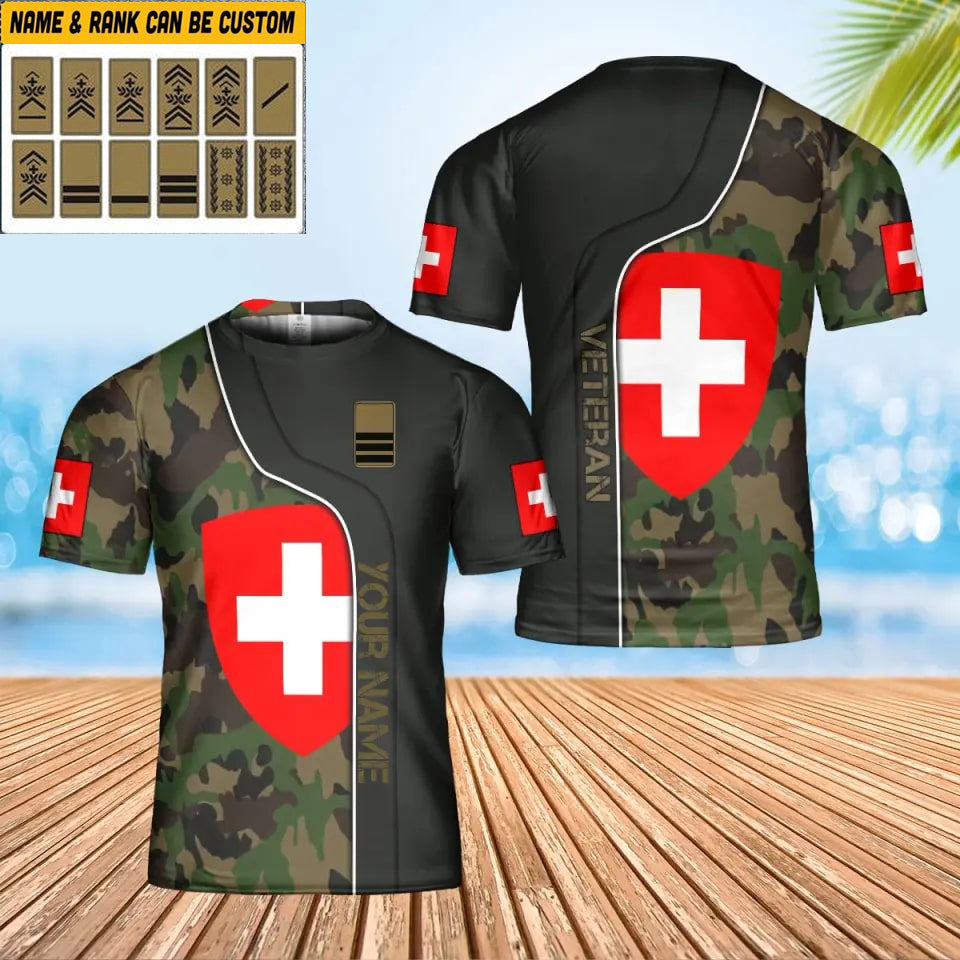 Personalisiertes T-Shirt mit Schweizer Soldaten-/Veteranen-Tarnmuster und Namen und Rang, 3D-Druck – 0402240002