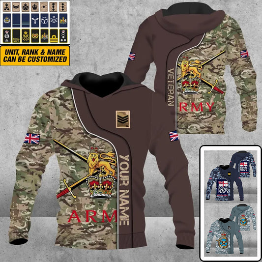 Personalized UK Soldier/ Veteran Camo With Name And Rank Hoodie 3D Printed - 0809230001