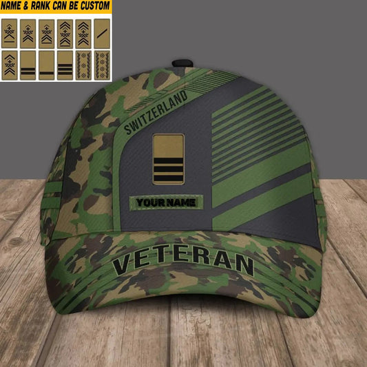 Personalized Name And Rank Swiss Camo Baseball Cap Soldier/Veteran - 2205230001-D04