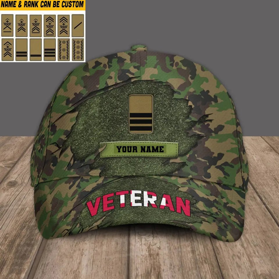 Personalized Name And Rank Swiss Camo Baseball Cap Soldier/Veteran - 1805230001