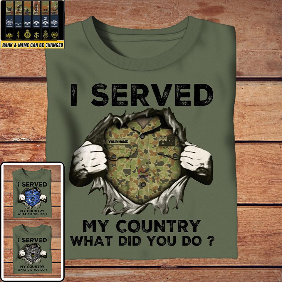 Personalized Australian Solider/ Veteran Camo With Name And Rank T-Shirt - I Served My Country -1302230001