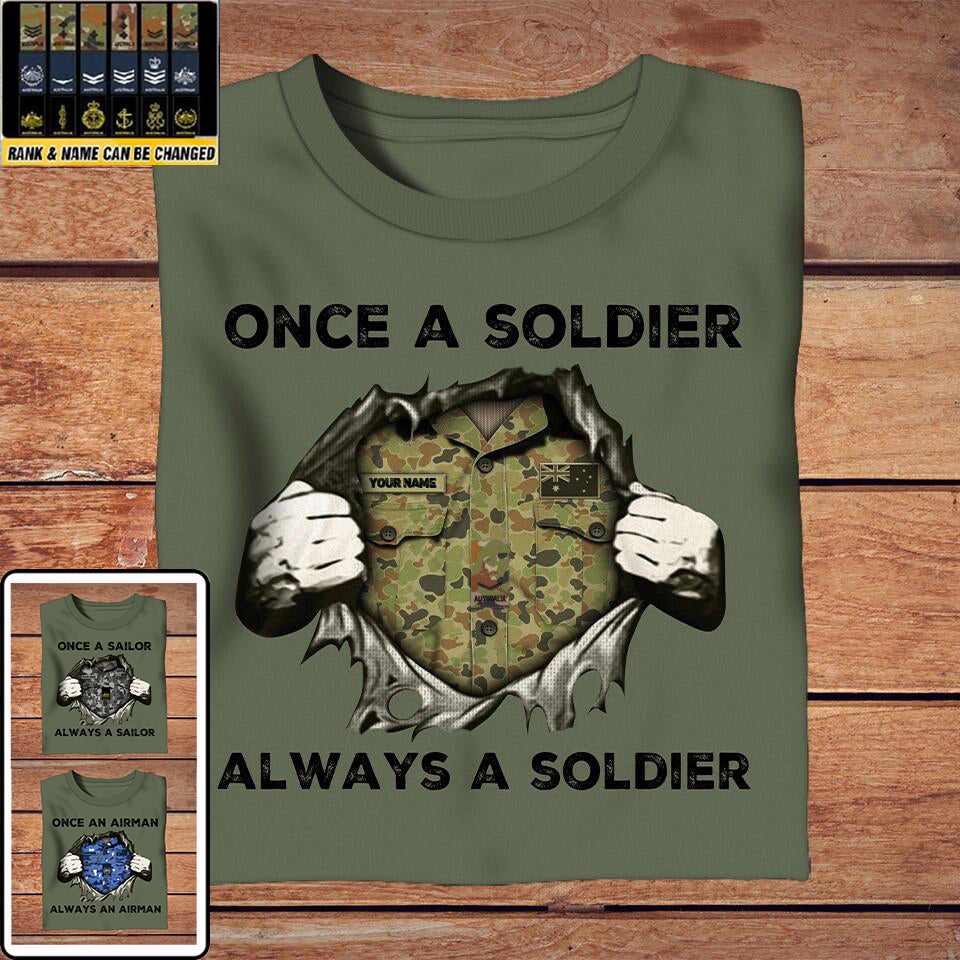 Personalisiertes australisches Soldaten-/Veteranen-T-Shirt mit Tarnmuster und Namen und Rang - Einmal Soldat, immer Soldat - 1302230002