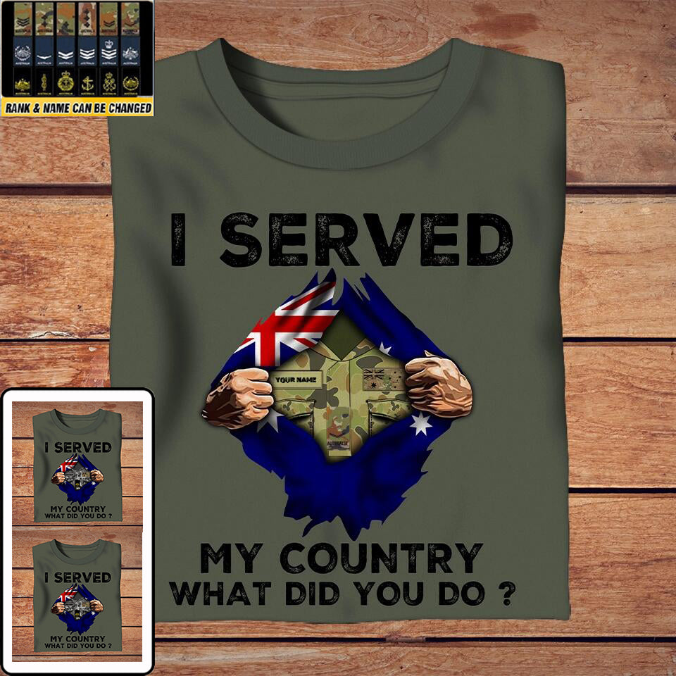 Personalized Australian Solider/ Veteran Camo With Name And Rank T-Shirt - I Served My Country - 1702230001