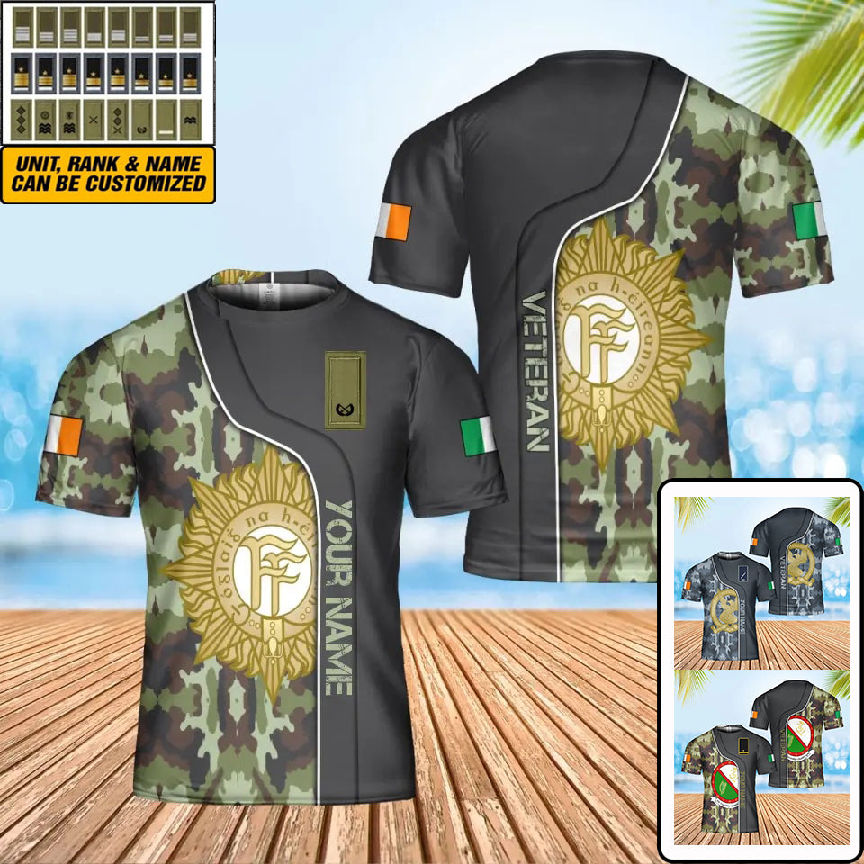 Personalisiertes irisches Soldaten-/Veteranen-T-Shirt im Camouflage-Stil mit Namen und Rang, 3D-Druck – 0502240003