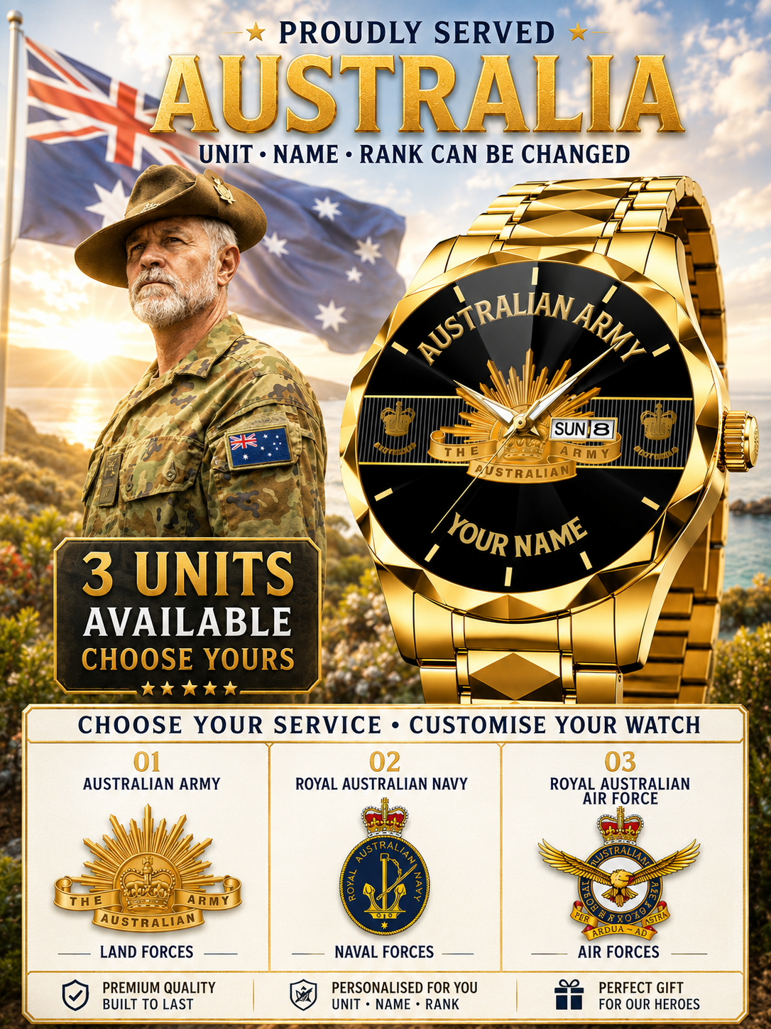 Personalized Australia Soldier/ Veteran With Rank and Name Gentleman Crystal Metal Watch - 17388000