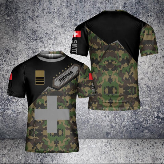 Personalized Swiss Solider/ Veteran Camo With Name And Rank T-Shirt 3D Printed - 1671408025