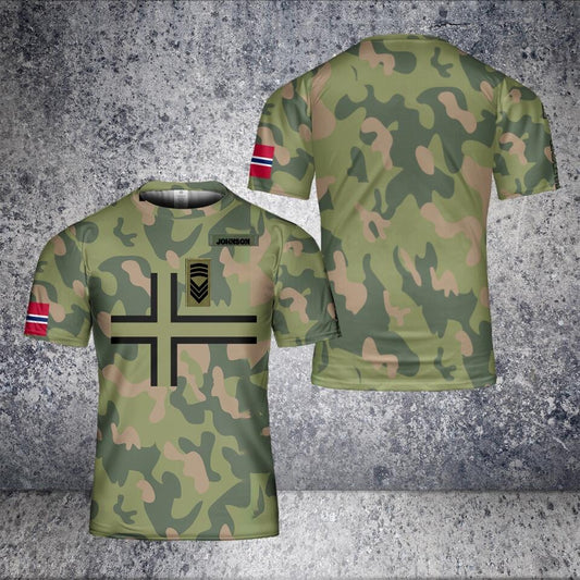 T-shirt personnalisé avec camouflage de soldat/vétéran norvégien avec nom et grade imprimé en 3D - 1401240002