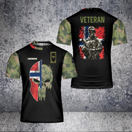 T-shirt personnalisé avec camouflage de soldat/vétéran norvégien avec nom et grade imprimé en 3D - 1201240001