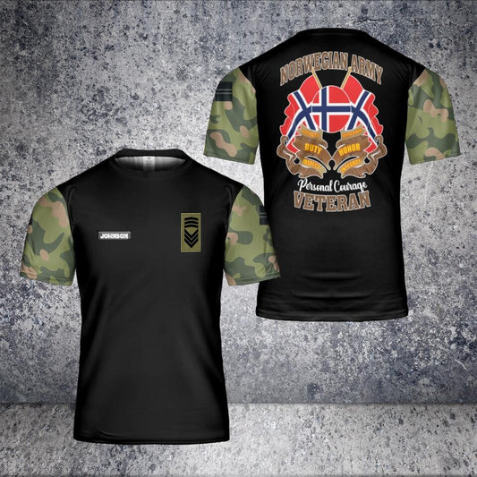 T-shirt personnalisé avec camouflage de soldat/vétéran norvégien avec nom et grade imprimé en 3D - 1301240003