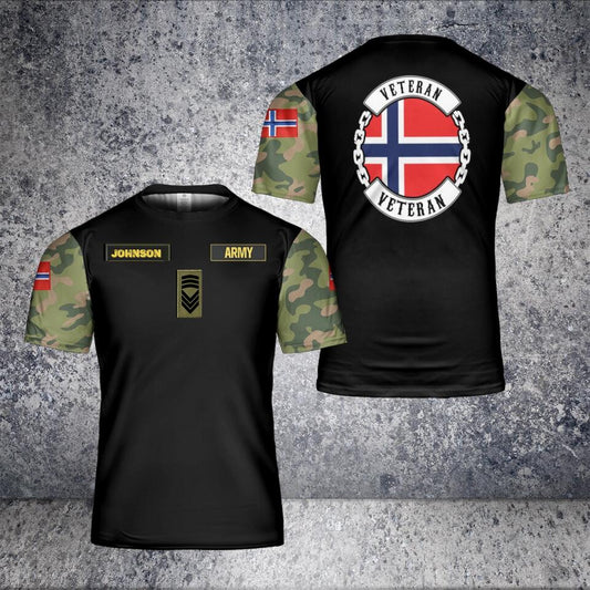 T-shirt personnalisé avec camouflage de soldat/vétéran norvégien avec nom et grade imprimé en 3D - 1301240002