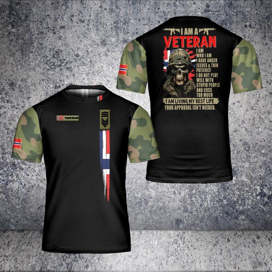 T-shirt personnalisé avec camouflage de soldat/vétéran norvégien avec nom et grade imprimé en 3D - 1601240001