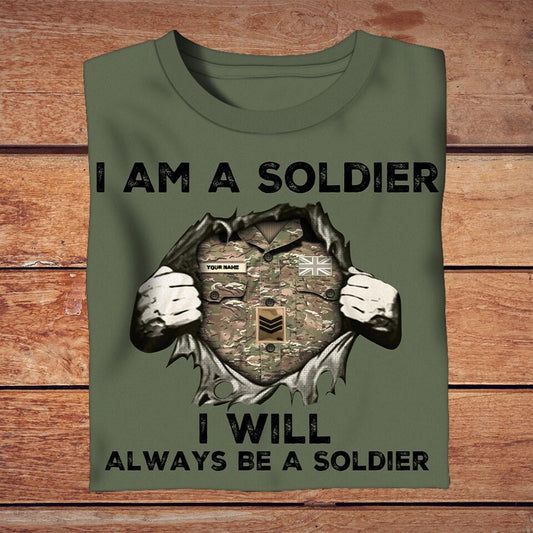 Personalized United Kingdom Solider/ Veteran Camo With Name And Rank T-Shirt - I Am A Soldier I Will Always Be A Soldier - 3003230004