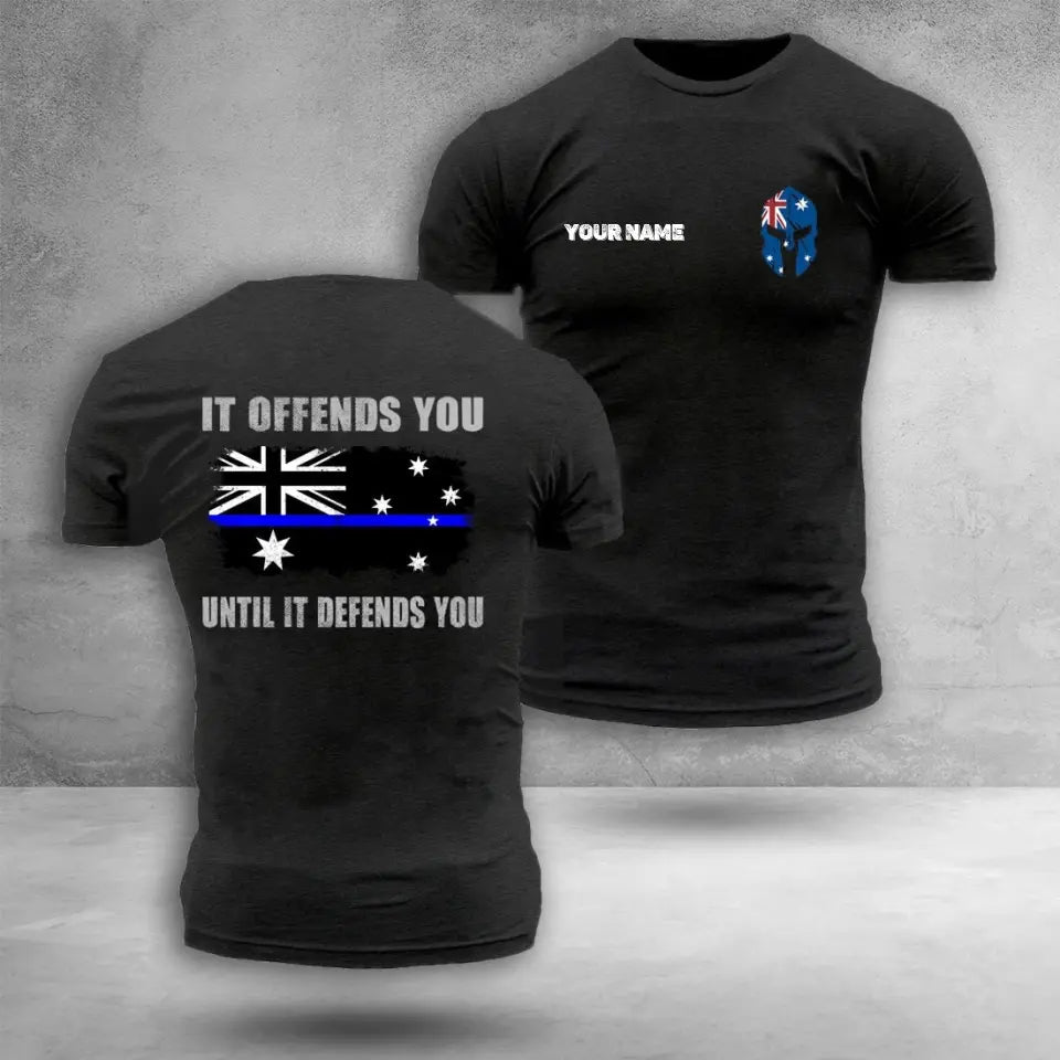 Personalized Australian Thin Blue Line T-Shirt It Offends You Until It Defends You Spartan Shirt
