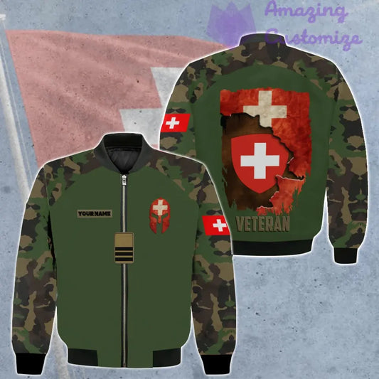 Personalisierte Bomberjacke mit Schweizer Soldaten-/Veteranen-Tarnmuster und Namen und Rang, 3D-Druck – 0106230002