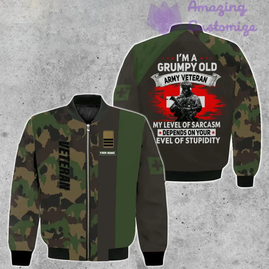 Personalisierte Bomberjacke mit Schweizer Soldaten-/Veteranen-Tarnmuster und Namen und Rang, 3D-Druck – 1207230002
