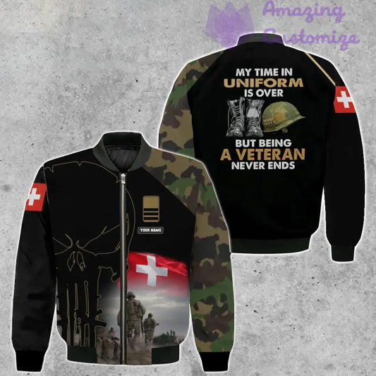Personalisierte Bomberjacke mit Schweizer Soldaten-/Veteranen-Tarnmuster und Namen und Rang, 3D-Druck – 1407230001