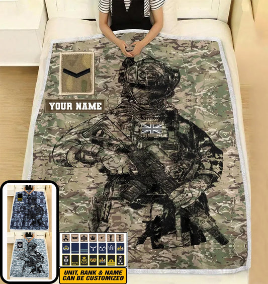 Personalized UK Solider/ Veteran Camo With Name And Rank Fleece Blanket 3D Printed - 17229024
