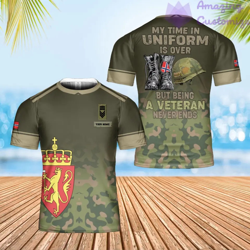 Personalisiertes T-Shirt mit norwegischem Soldaten-/Veteranen-Tarnmuster mit Namen und Rang, 3D-Druck – 0502240001