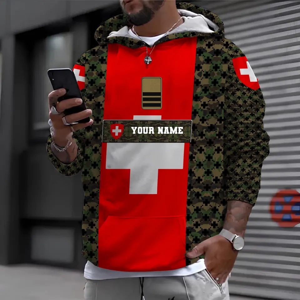 Sweat à capuche personnalisé avec nom et grade de soldat/vétéran suisse camouflage - 1696291210