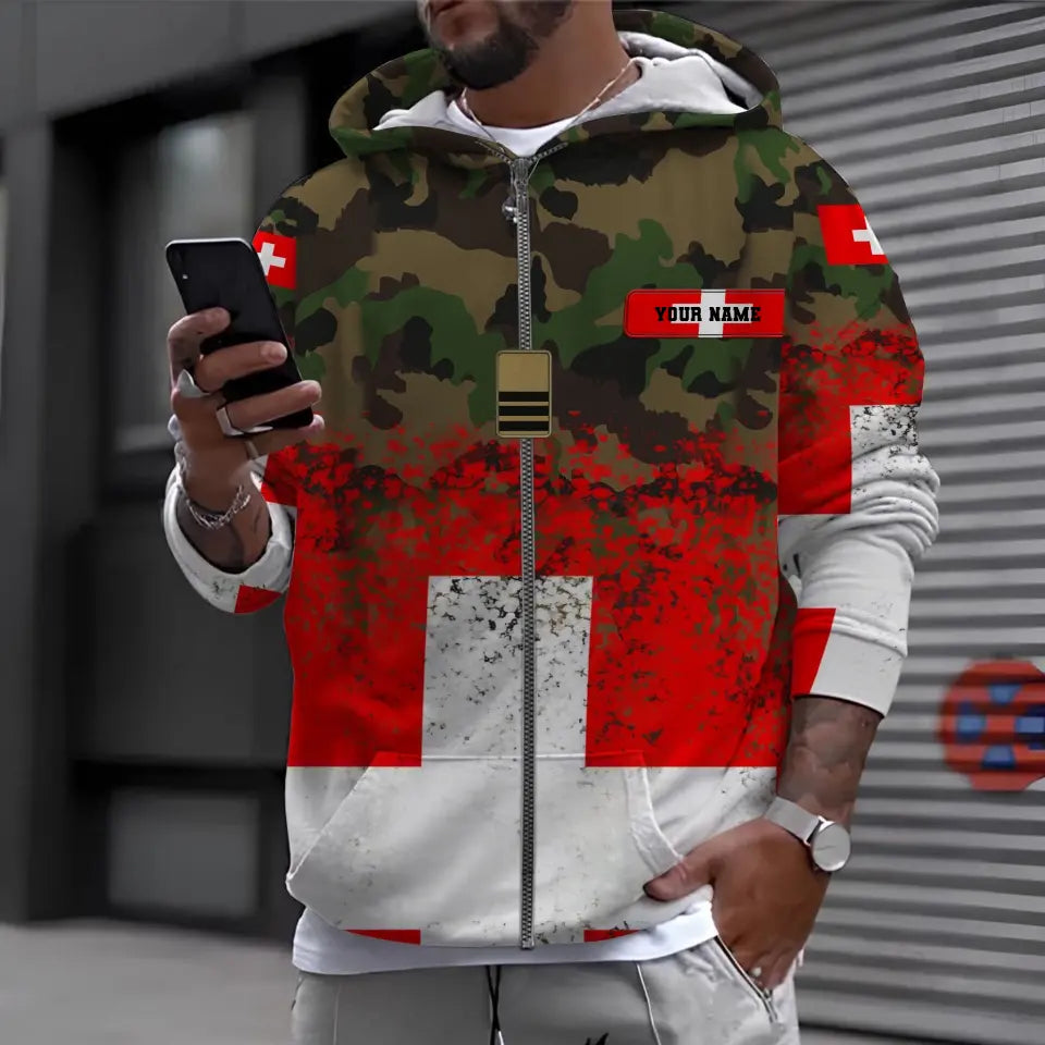 Sweat à capuche personnalisé avec nom et grade de soldat/vétéran suisse camouflage - 1696291216