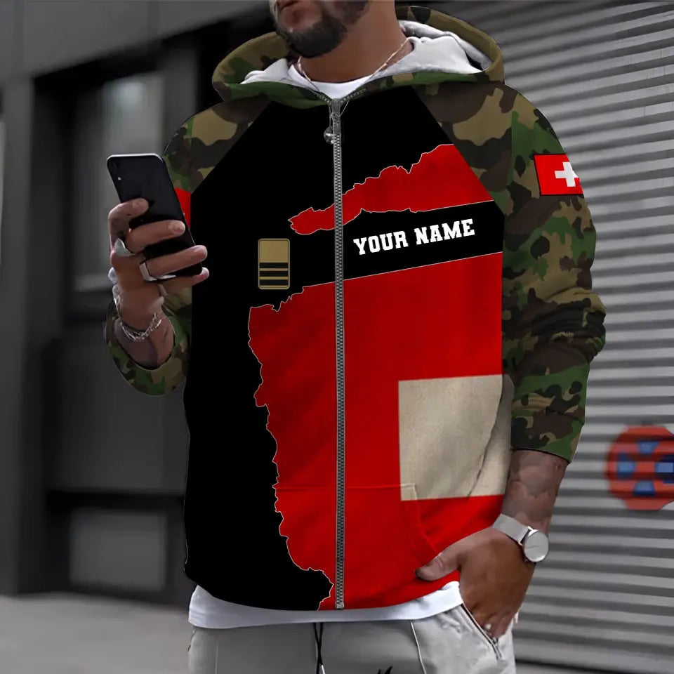 Sweat à capuche personnalisé avec nom et grade de soldat/vétéran suisse camouflage - 1696291217