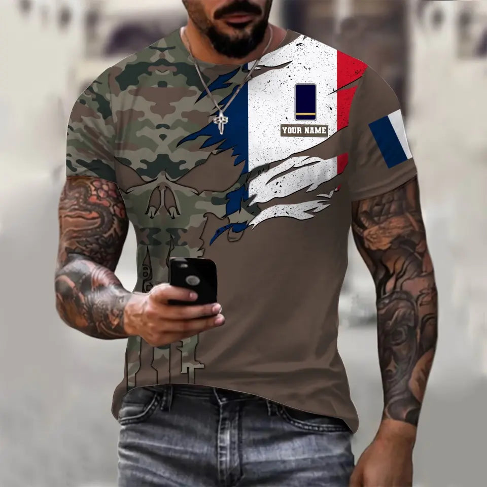 Personalized France Soldier/ Veteran Camo With Name And Rank T-shirt 3D Printed - 0310230001