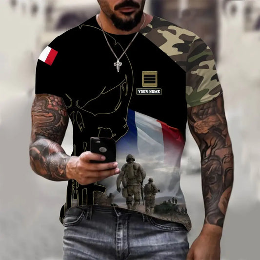 T-shirt personnalisé avec nom et grade de soldat/vétéran de la France imprimé en 3D - 0310230006