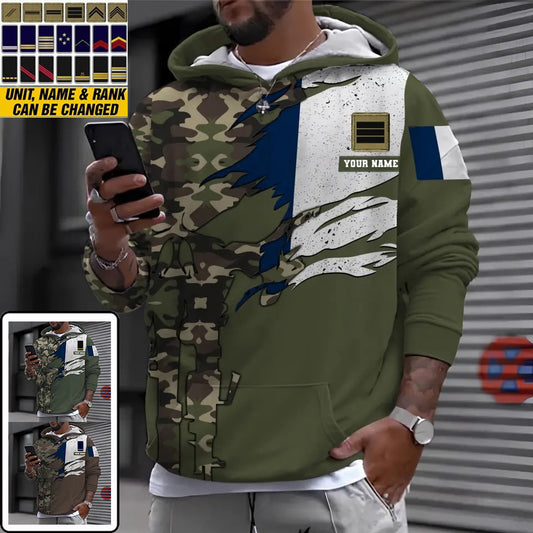 Personalisierter Kapuzenpullover mit Camouflage-Muster für französische Soldaten/Veteranen mit Namen und Rang – 16989696