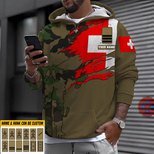 Personalisierter Kapuzenpullover mit Schweizer Soldaten-/Veteranen-Tarnmuster und Namen und Rang - 16995744