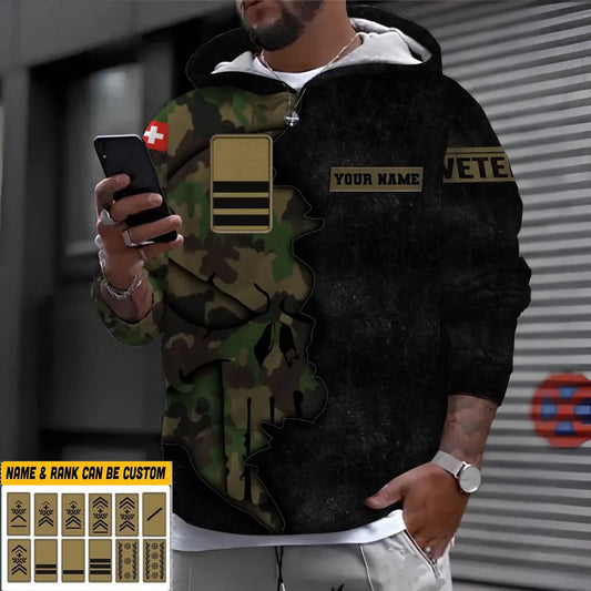Personalisierter Kapuzenpullover mit Schweizer Soldaten-/Veteranen-Tarnmuster und Namen und Rang - 1699574401