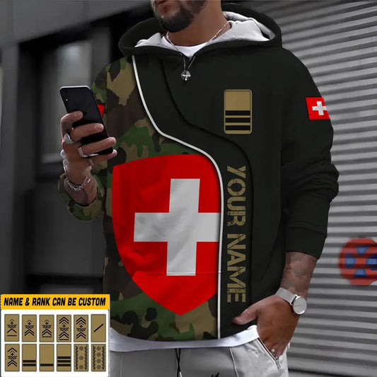 Personalisierter Kapuzenpullover mit Schweizer Soldaten-/Veteranen-Tarnmuster und Namen und Rang - 1699574403