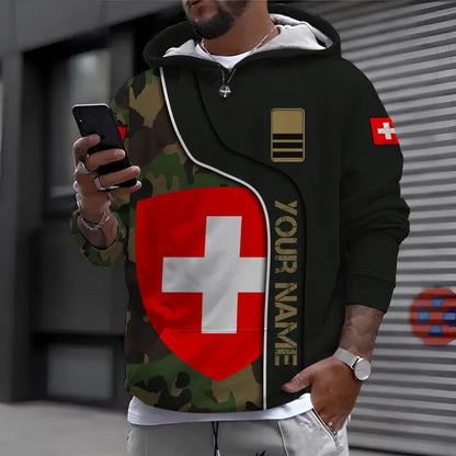 Personalisierter Kapuzenpullover mit Schweizer Soldaten-/Veteranen-Tarnmuster und Namen und Rang - 1699574403