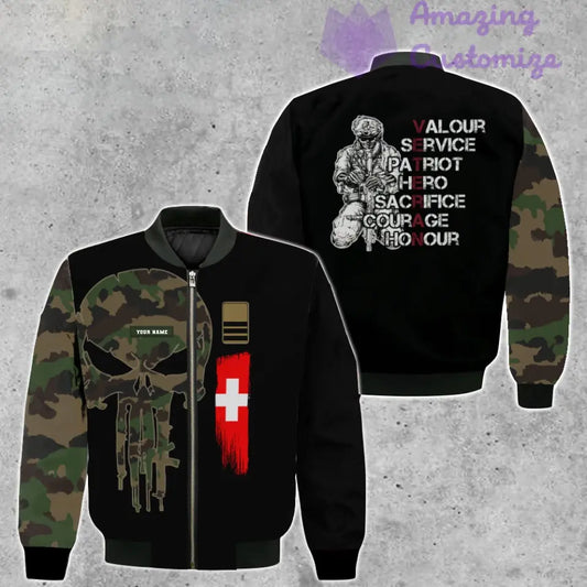 Personalisierte Bomberjacke mit Schweizer Soldaten-/Veteranen-Tarnmuster und Namen und Rang, 3D-Druck – 1207230001