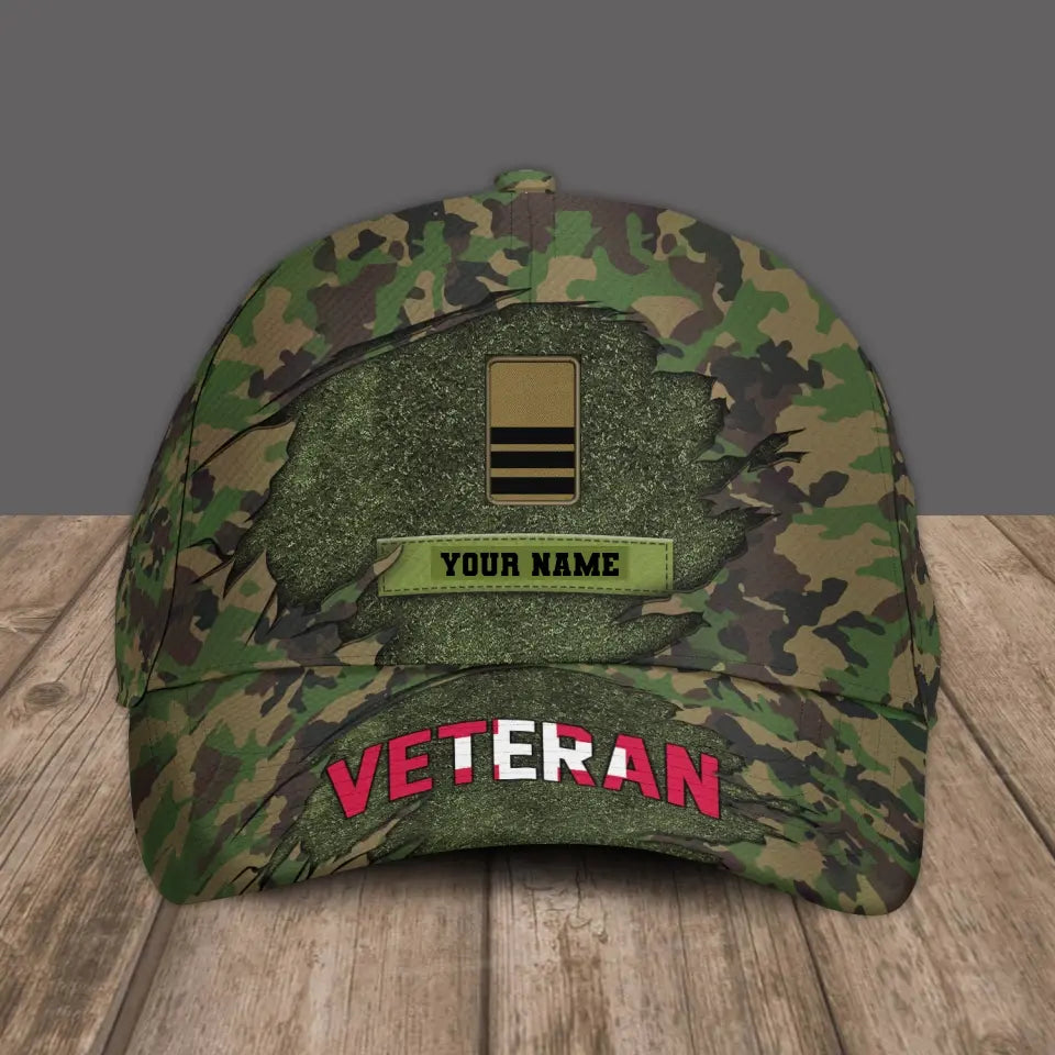 Personalized Name And Rank Swiss Camo Baseball Cap Soldier/Veteran - 1805230001