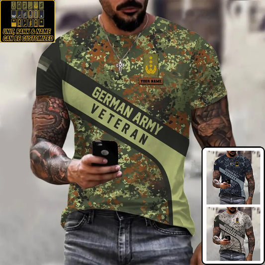 T-shirt personnalisé avec camouflage soldat/vétéran allemand avec nom et grade imprimé en 3D - 0711230013