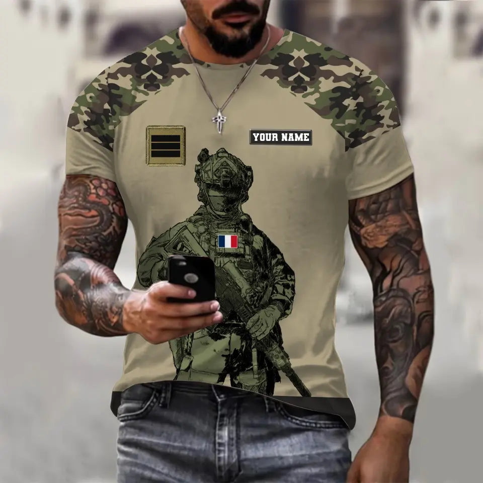 Personalized France Soldier/ Veteran Camo With Name And Rank T-shirt 3D Printed -17017344