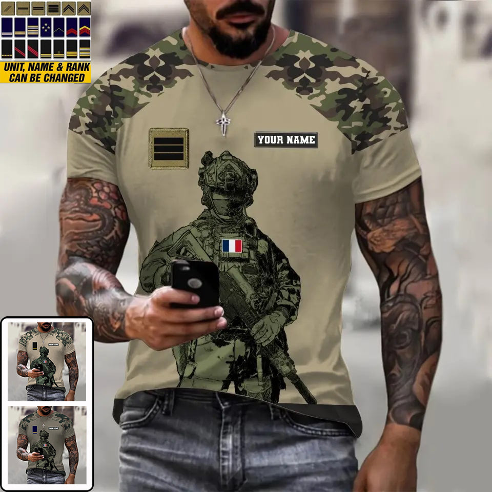Personalized France Soldier/ Veteran Camo With Name And Rank T-shirt 3D Printed -17017344