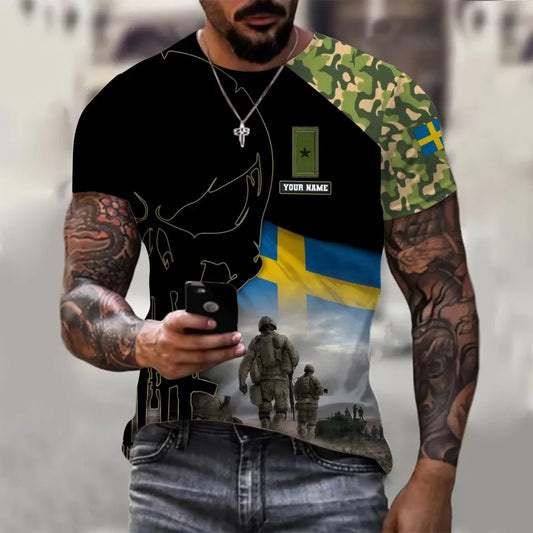 Personalized Sweden Soldier/ Veteran Camo With Name And Rank  T-shirt 3D Printed  - 1910230001