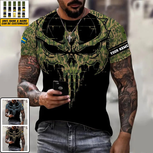 Personalized Sweden Soldier/ Veteran Camo With Name And Rank  T-shirt 3D Printed  - 2010230001
