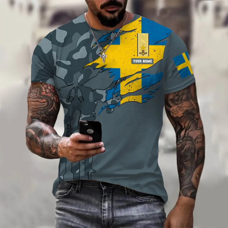 Personalized Sweden Soldier/ Veteran Camo With Name And Rank  T-shirt 3D Printed  - 0311230001