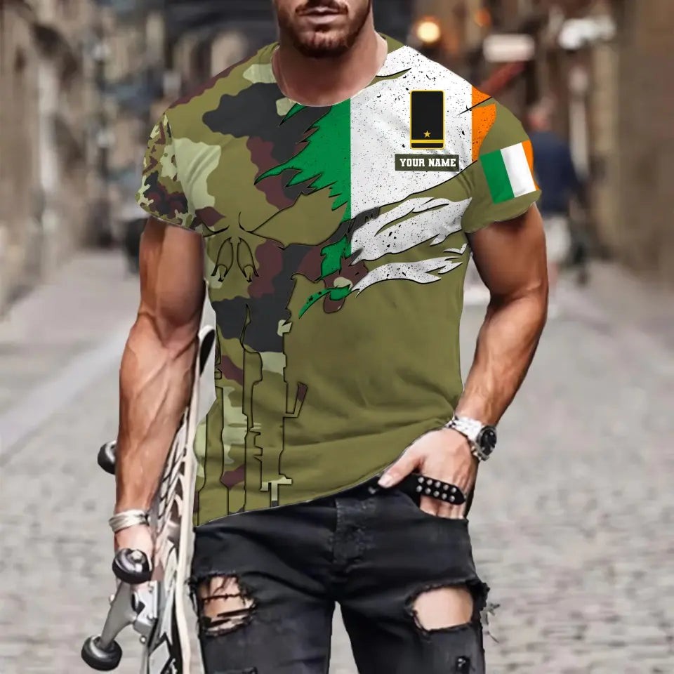 Personalized Ireland Soldier/ Veteran Camo With Name And Rank  T-shirt 3D Printed  - 0311230001