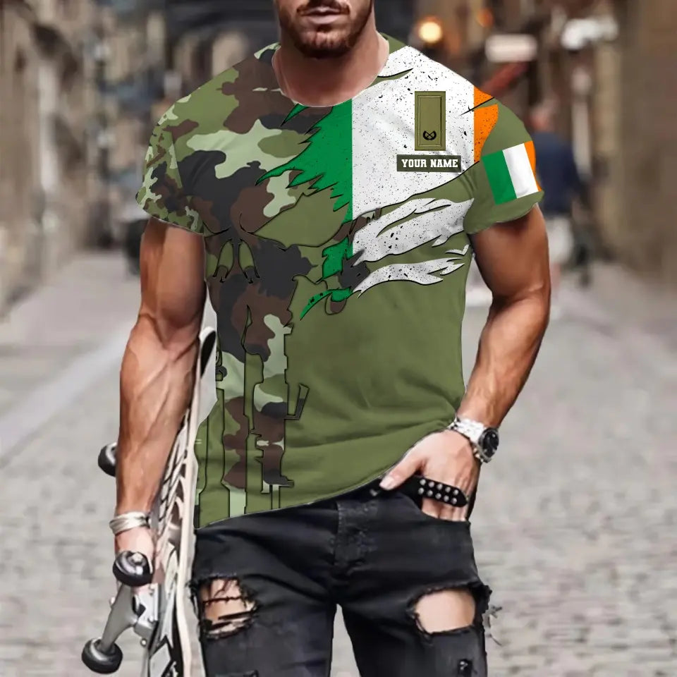 Personalized Ireland Soldier/ Veteran Camo With Name And Rank  T-shirt 3D Printed  - 0311230001
